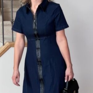Denim dress with faux leather detail